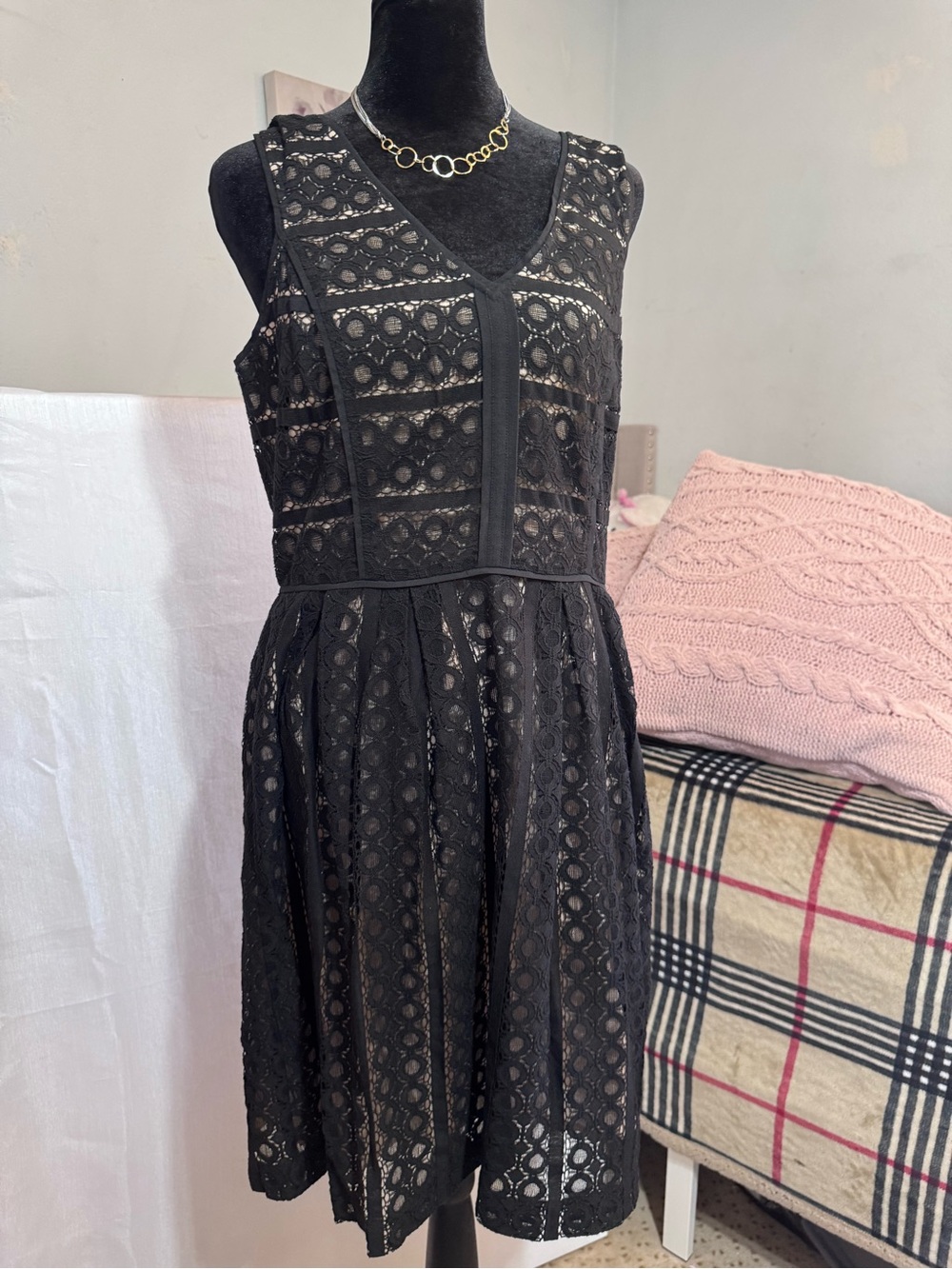 LOFT Black Lace V-Neck Fit-and-Flare Mini Dress